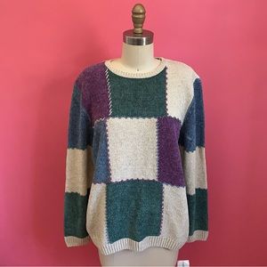 Vintage 90s/Y2K Statement Checkerboard Chenille Gem-Tone Crew Neck Sweater M